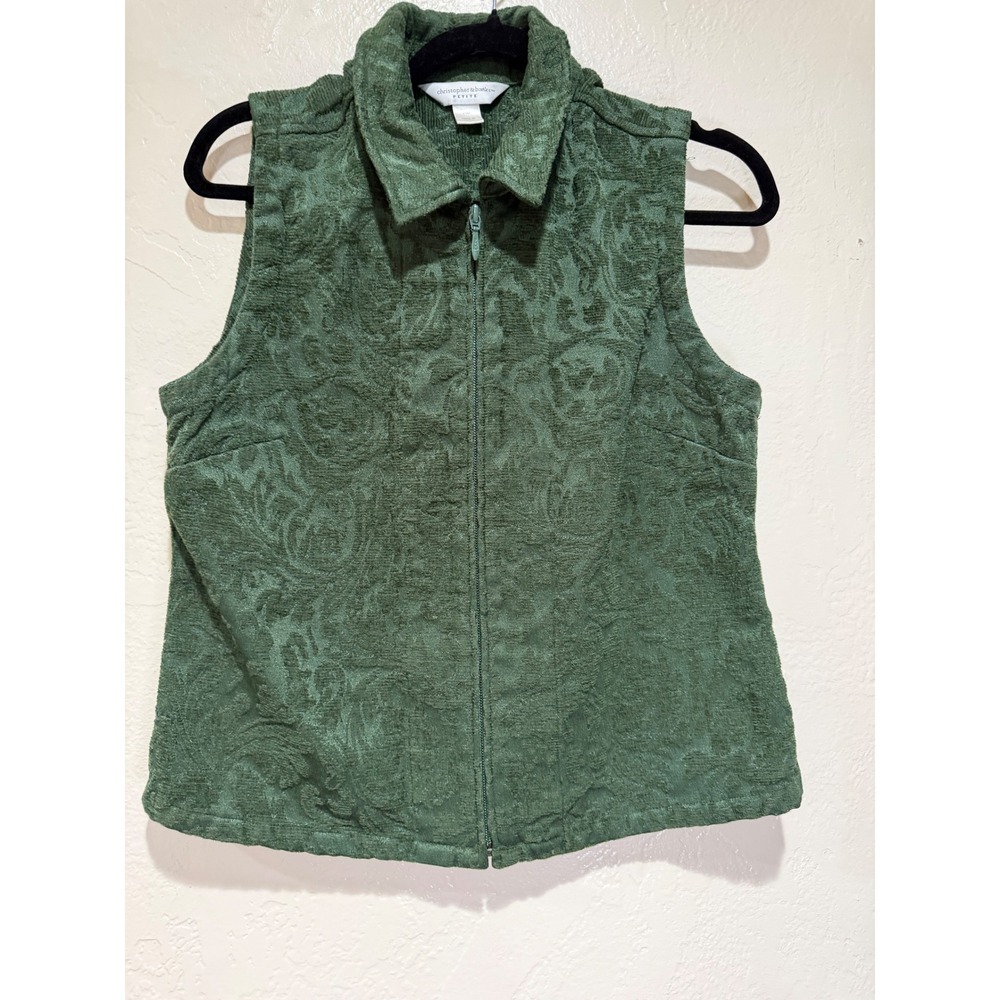 Christopher & Banks Petite Green Floral Damask Jacquard‎ Full Zip Vest PM